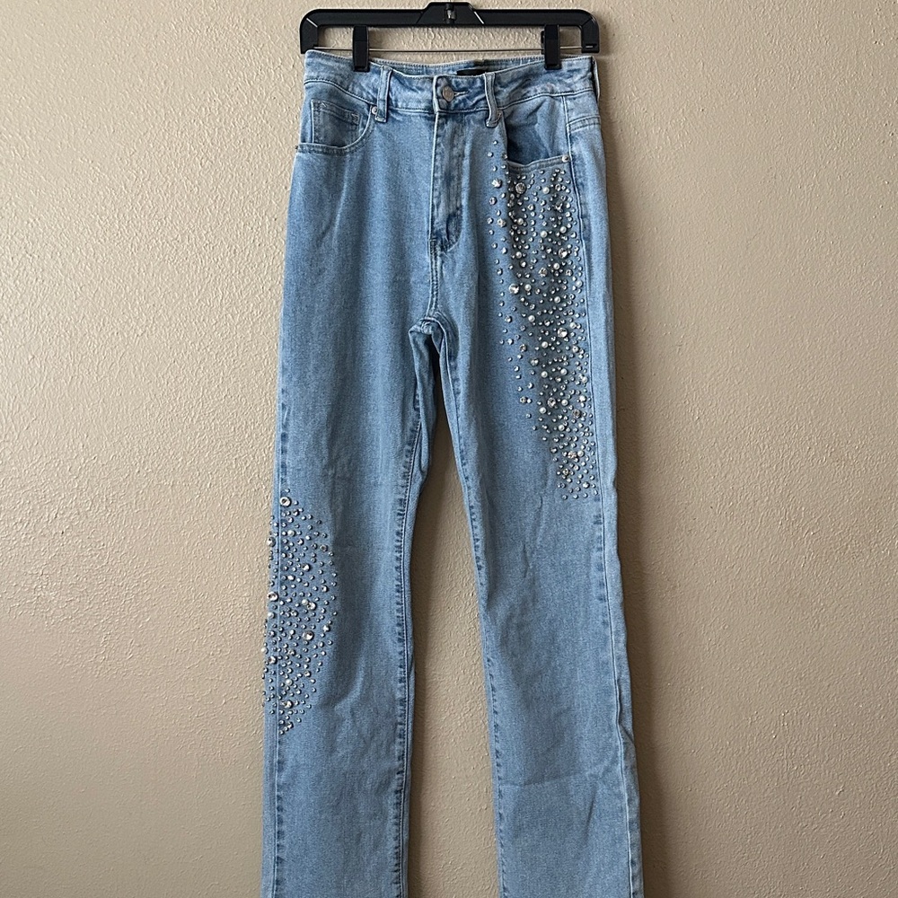 AKIRA Light Blue High Rise Jeans with Embellishments